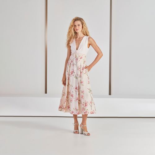 VESTIDO CLEMENTINE MIDI DECOTE V ESTAMPA GALHOS MAGNOLIA