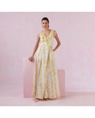 VESTIDO CRIQUE LONGO DECOTE V ESTAMPA CHUVA DE OURO