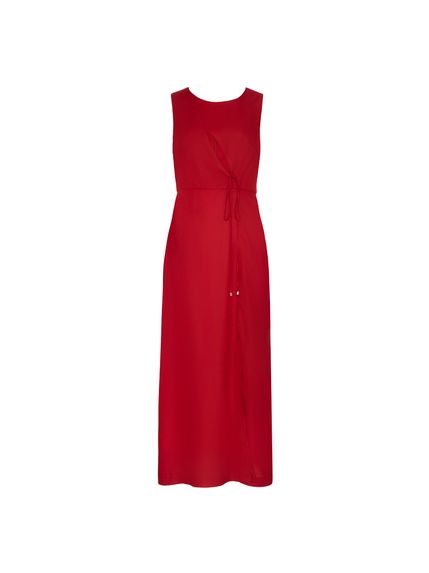 VESTIDO MER MAX MIDI COM FENDA VERMELHO