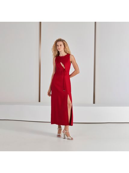 VESTIDO MER MAX MIDI COM FENDA VERMELHO