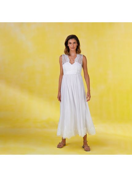 VESTIDO NICOLETTE MAXI MIDI COM TULE E RENDA BRANCO