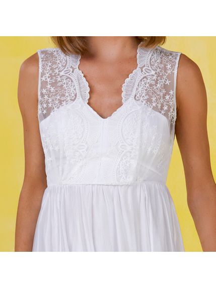 VESTIDO NICOLETTE MAXI MIDI COM TULE E RENDA BRANCO