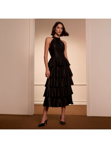 VESTIDO COAL MAXI MIDI EM TAFETÁ PRETO