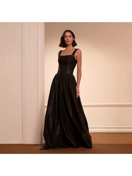VESTIDO OBSIDIANA LONGO TAFETÁ PRETO