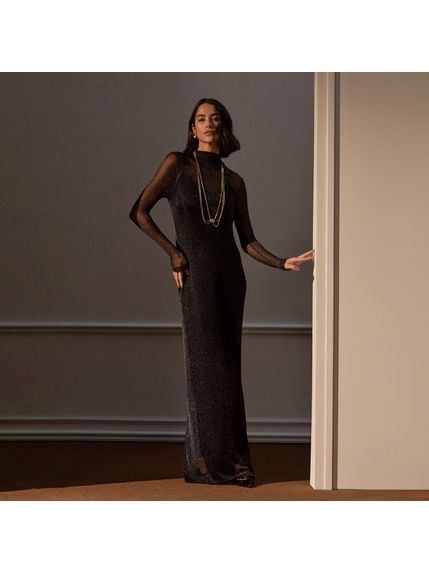 VESTIDO LUSTRE LONGO TELA BRILHO PRETO