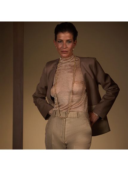 BLAZER MAIJA EM ALFAIATARIA MARROM COM LUREX NA TRAMA