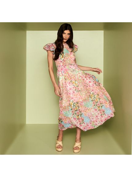 VESTIDO MAXI MIDI DUA EM LAISE 100% ALGODÃO ESTAMPADA CORPO FRENTE E COSTAS EM LASTEX