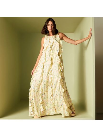 VESTIDO LONGO BRUNCH COM BABADOS EM MOUSSELINE 100% ALGODÃO ESTAMPADO