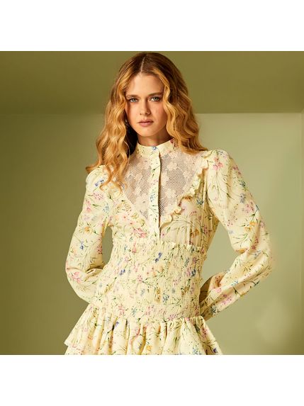 CAMISA MIMA EM CROCHET E MOUSSELINE 100% ALGODÃO ESTAMPADO