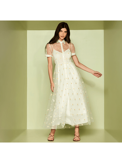 CHEMISE MAXI MIDI DAISY EM TULE BORDADO