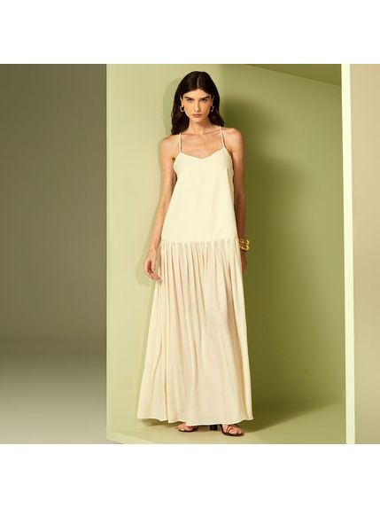 VESTIDO LONGO MARIA CÂNDIDA EM TECIDO PLISSADO
