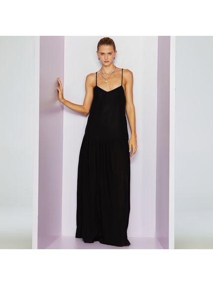 VESTIDO LONGO MARIA CÂNDIDA  EM TECIDO PLISSADO