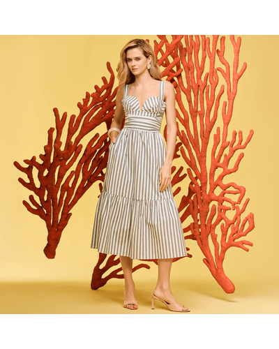 VESTIDO MIDI SOLI EM OXFORD EM OXFORD LISTRADO FIO TINTO 100% ALGODÃO